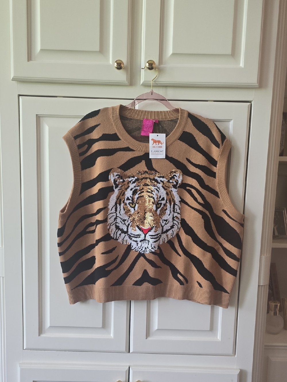 QUEEN OF SPARKLES Tan and Black Tiger-Print Sweater Vest with Sequin Tiger Patch